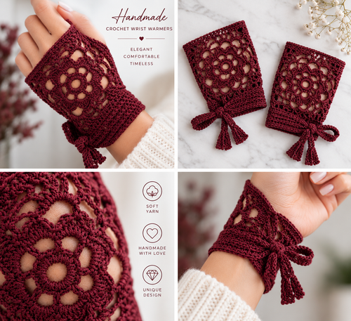 Burgundy Floral Crochet Wrist Warmers Pattern | Digital PDF