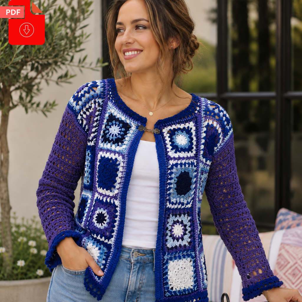 Granny Square Crochet Cardigan Pattern | Women’s S–3XL Motif Cardigan | Digital PDF Pattern