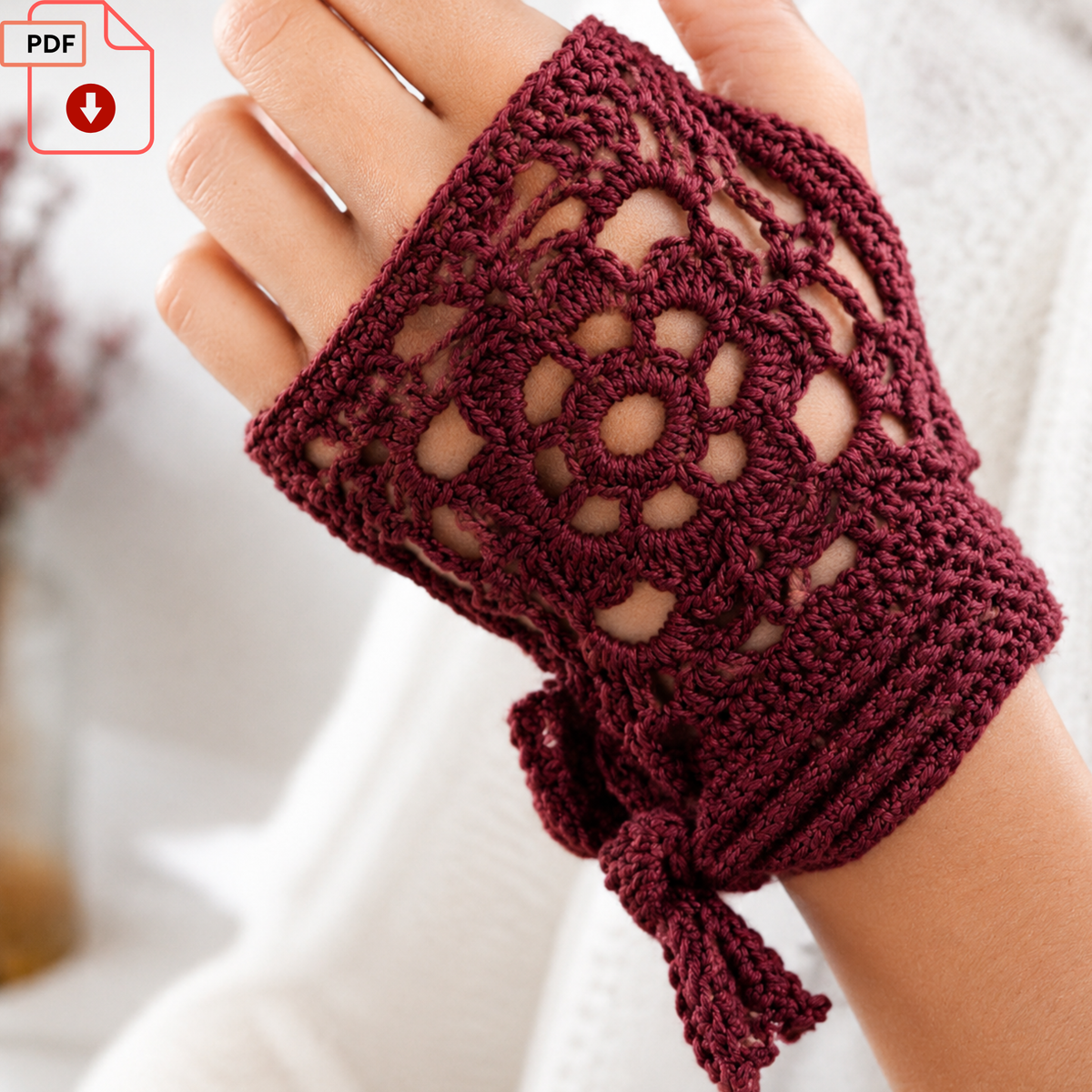 Burgundy Floral Crochet Wrist Warmers Pattern | Digital PDF