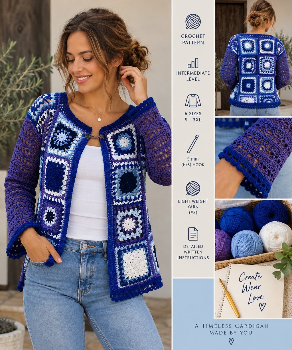Granny Square Crochet Cardigan Pattern | Women’s S–3XL Motif Cardigan | Digital PDF Pattern