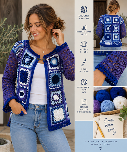 Granny Square Crochet Cardigan Pattern | Women’s S–3XL Motif Cardigan | Digital PDF Pattern